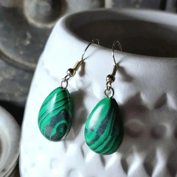 Malachite Gemstone Puffed Teardrop Handcrafted Green Silver Dangle Earrings - Picture 1 of 4